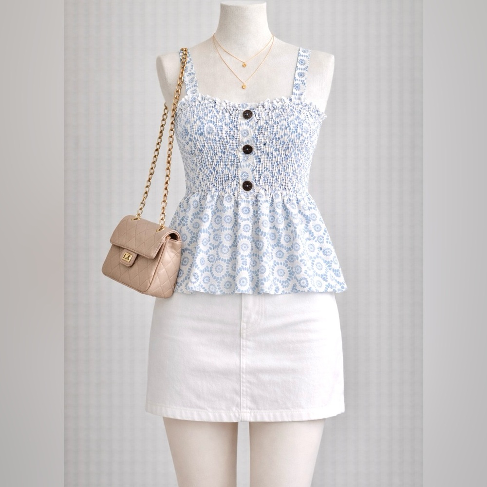 💕Flattering Spring Wear! Smocked Floral Peplum Tank Top in Light Blue